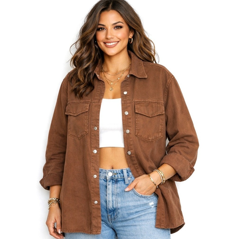 Ello Denim Grunge Overshirt Women XL Shirt Jacket Snap Workwear Earthy Brown $94